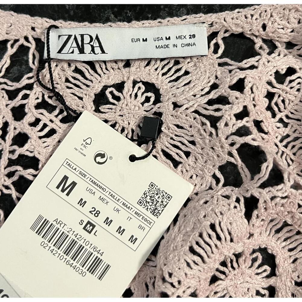 NWT Zara Pink Crochet Long Sleeve Crop Top Blouse, Size M - Picture 3 of 3